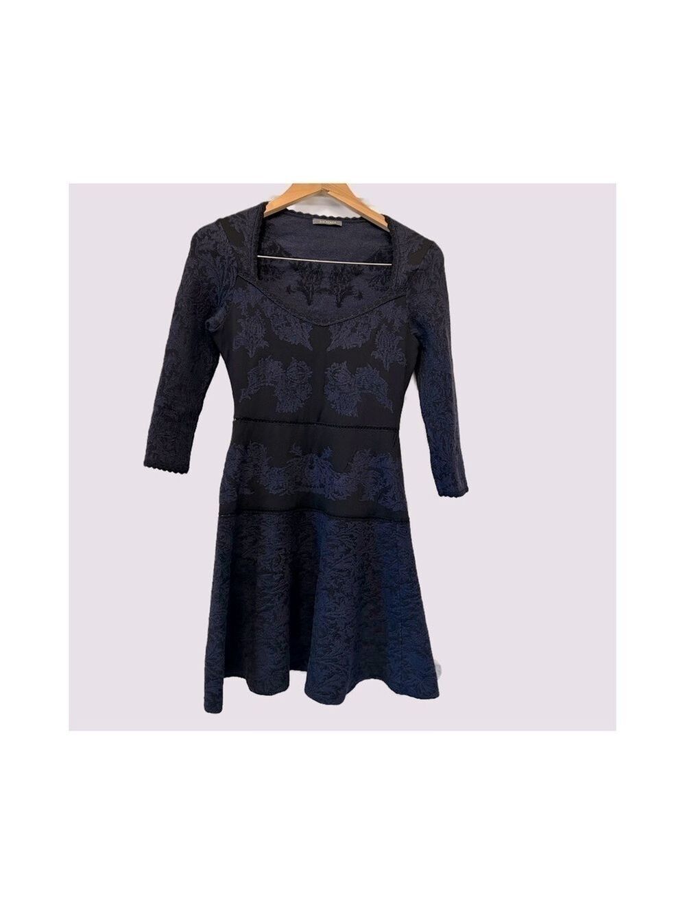 Zac Posen Dress Jacquard Felt Floral Black Blue Made in France Small Cutouts